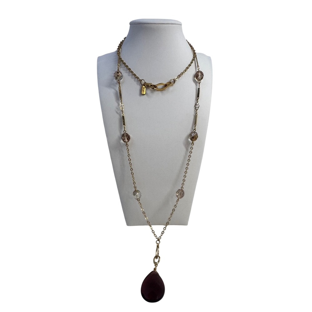 RACHEL Chain‎ Necklace Deep Red Teardrop Gemstone Gold Tone Long Pendant Y2K